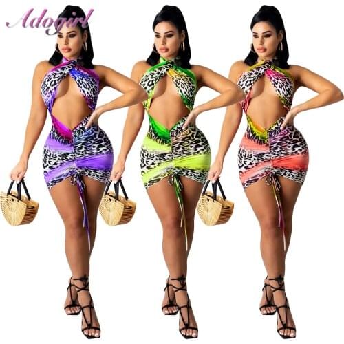 Sexy Leopard Print Gradient Halter Hollow Out Night Party Club Mini Dress Women Summer Backless Bandage Outfit Beach Vestidos