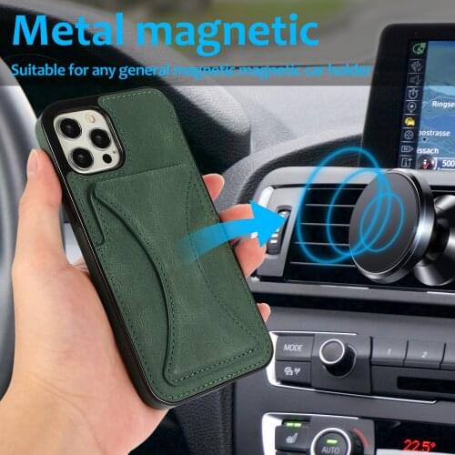 Luxury Card Holder Case For Iphone 11 12 Pro Max 12 Mini Leather Case For Iphone 7 8 Plus Xr X Xs Max Metal Magnetic Back Cover