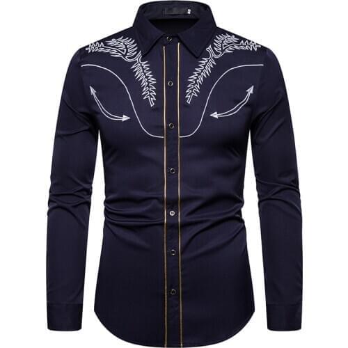 Mens Floral Embroidery Shirts Western Cowboy Shirt Men Slim Fit Long Sleeve Chemise Homme Business Casual Button Up Shirt Male