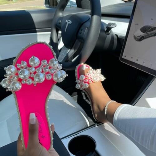 Summer Candy Color Pearl Sandals Fashion Open Toe Flat Womens Shoes Outdoor Leisure Beach Slippers Plus Size