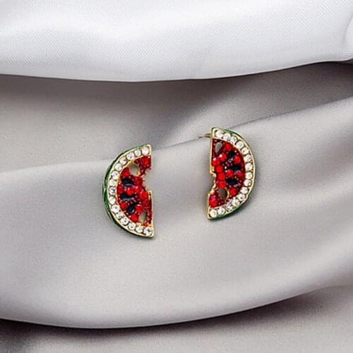 Korean Version of Rhinestone Watermelon Earrings Cute Fashion Student Japanese Korean Earrings Flash Drilling Stud Earrings
