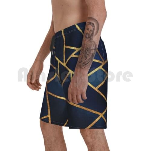 Navy Gold Stone Geometric Beach Shorts Men Beach Pants Swimwear Blue Navy Gold Tumblr Modern Graphic Geometric