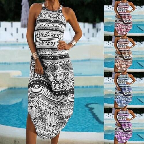 Boho Long Maxi Slip Dress Beach Vintage Ethnic Print Harujuku Streetwear Summer Dress Womens O-Neck Sleeveless Long Dresses