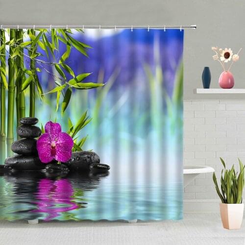 Zen Stone Shower Curtain Green Bamboo Purple Orchid Plant Flowers Retro Wood Board Bathroom Decorative Hanging Curtains Washable