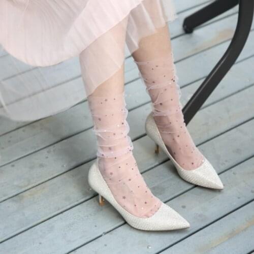 Womens Harajuku Candy Colors Glitter Stars Moon Socks Lady Transparent Mesh Shiny Stars Moon Fishnet Socks Hosiery Sox