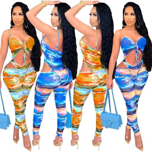 Casaul Women Jumpsuit Print Backless Hollow Out Skinny Bodysuit Long Romper Women Jumpsuit Outfit