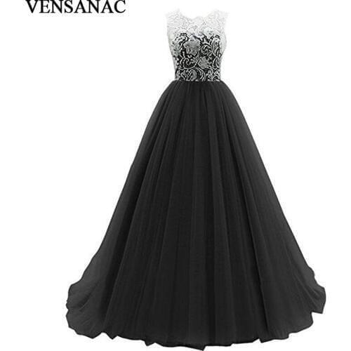 VENSANAC 2018 O Neck Lace Embroidery A Line Long Evening Dresses Elegant Party Buttons Illusion Back Prom Gowns