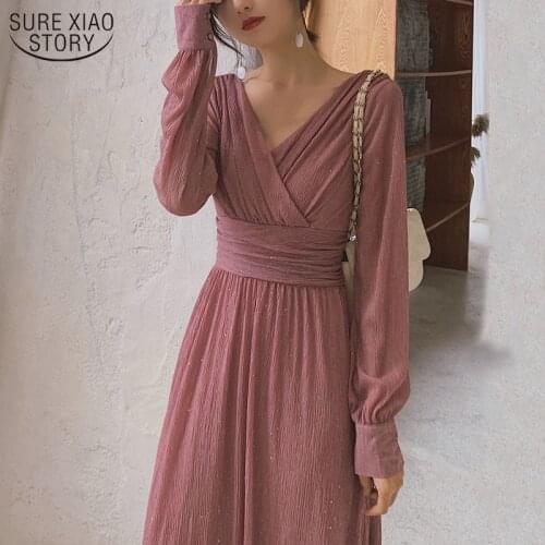 Vintage V Neck Long Maxi Dresses Women 2021 Solid High Waist Puff Sleeve Elegant Dress Sequin Party Dress Sexy Robe Femme 13019