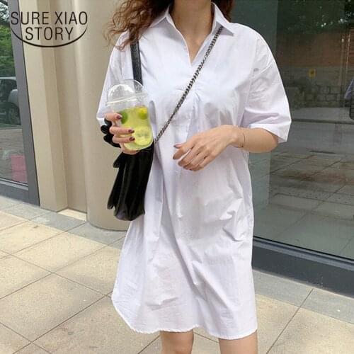 2020 Autumn Cotton Women Blouses New Korean Loose Chic Casual White/Blue Women Long Section Shirts Plus Size Ladies Tops 12497