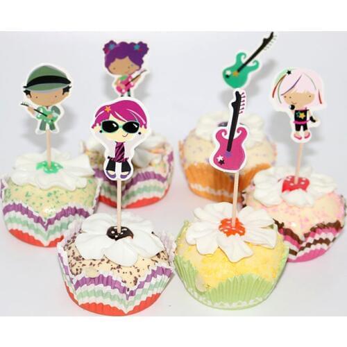 24Pcs Guitar Bass Rock Boy And Girl Cupcake Toppers Cartoon Cake Decorations For Wedding Kids Birthday Party Supplies