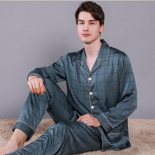 Brand 100% Real Silk Men Pajamas High Quality Long-Sleeved 2 Pieces Pajama Sets Male Mulberry Silk Pyjama Homme Sleepwear Set