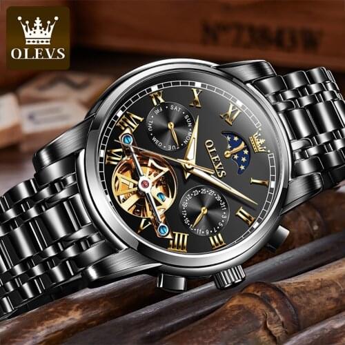 OLEVS Mens Watch Brand Luxury Automatic Mechanical Watch Stainless Steel Sports Moon Phase Tourbillon Mens Mechanical Watch