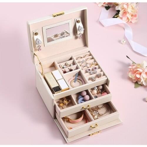 Large Jewelry Packaging Boxes Armoire Dressing Chest with Clasps Bracelet Ring Organizer Carrying Cases with 2 Drawers 3 Layers
