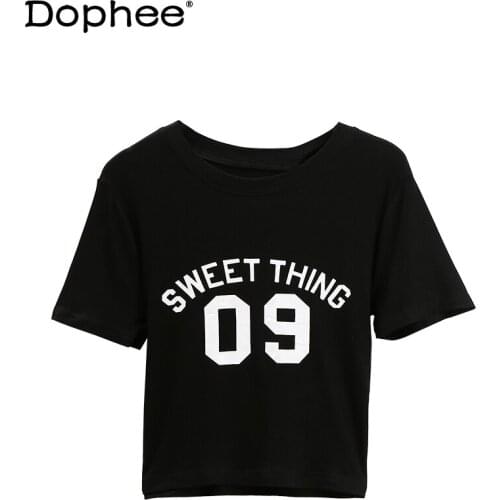 Balck and White Short T-shirt for Women 2021 New Korean Style Slim Fit Top Round Neck Letter Print Tshirt High Waist Crop Top