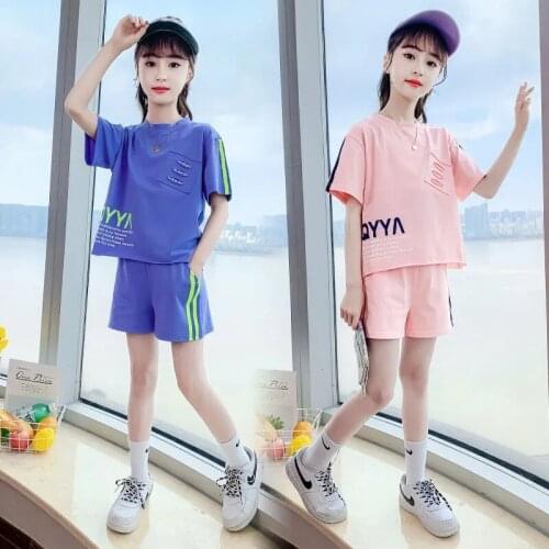 Girls Clothing Set 2021 Summer 5 6 7 8 9 10 12 Years Old Kids Girl Number Letter Pink Short Sleeve T Shirt+Shorts Sports Set