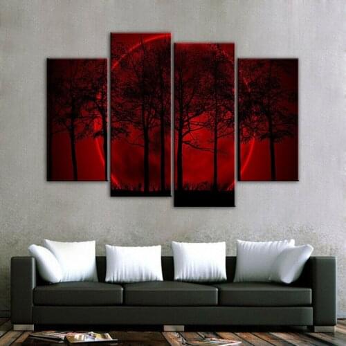 4 Panels Blood Moon Lunar Eclipse Forest Trees Wall Art Painting Picture Print On Canvas Pictures for Home Decor Decoration
