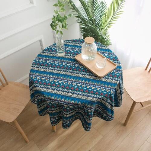 Bohemia Cotton and Linen Round Tablecloth Blue Geometric Printed Dining Table Cloth for Home Garden Tea