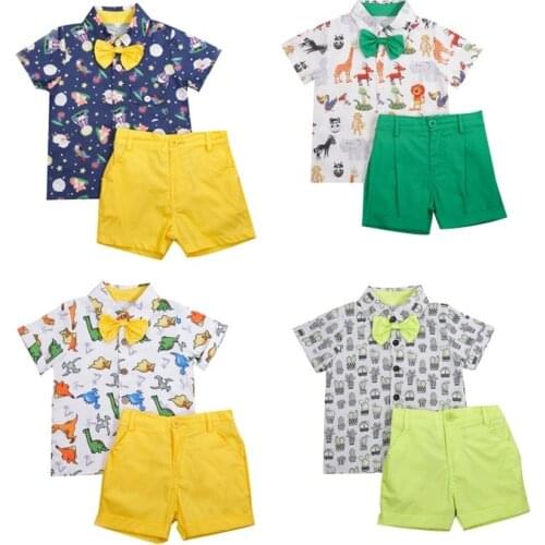 2-6Years Boys Summer Outfits 2-Piece Fashion Casual Cute Print Short Sleeve Bow Tie Shirt + Shorts Suit