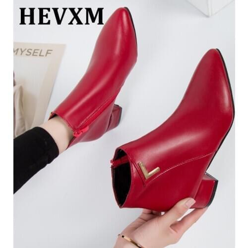 Fashion Women Boots Casual Leather Low High Heels Spring Shoes Woman Pointed Toe Rubber Ankle Boots Black Red Zapatos Mujer
