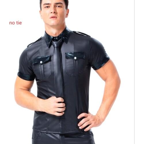 Men PU Faux leather Moto T Shirts hot Sexy Wetlook Fitness Latex Cop Shirts Mens Stage Shirt Casual Party Clubwear costumes