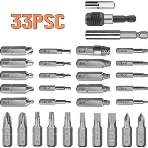 33pcs Damaged Screw Extractor Set with Screwdriver Bits for Broken Screw HSS Broken Bolt Extractor Screw Remover Kits