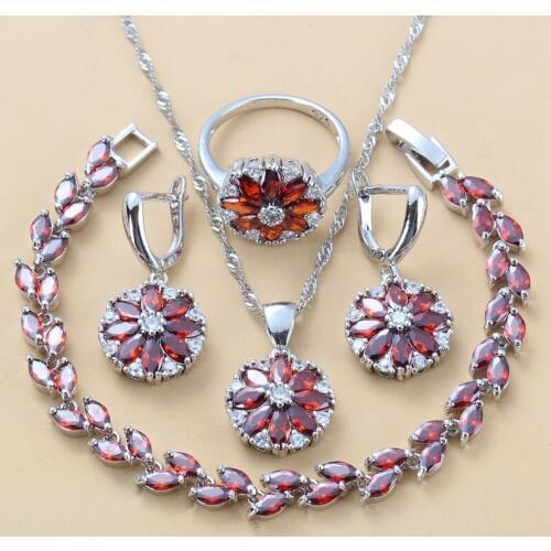 Natural Red Garnet CZ Bridal Costume Women Wedding Jewelry Sets Bracelet Length 17.5+3 CM Ring Size 6/7/8/9/10