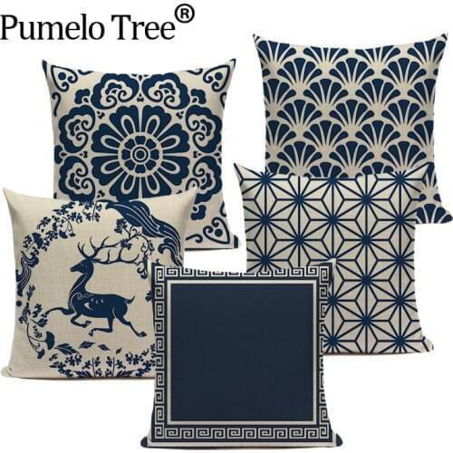 Customized Cushion Covers Blue White Printed Linen Cushion Cover High Quality Sofa Bedding Vintage Decorative Throw Pillow Case