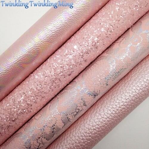 PINK Glitter Fabric, Litchi Synthetic Leather, Flowers Faux Fabric Sheets For Bow A4 21x29CM Twinkling Ming XM010E