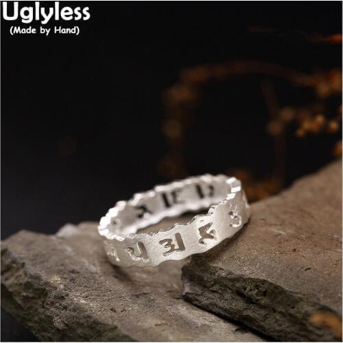 Uglyless S 925 Sterling Silver Jewelry Handmade Brushed Hollow Buddhism Mantra Ring Blessing Sanskrit Finger Rings Women Bijoux