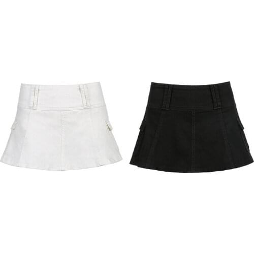 Women Gothic Sexy Low Waist Pleated Micro Denim Skirt Harajuku Solid Color A-Line Flare Hem Slim Streetwear with Pockets