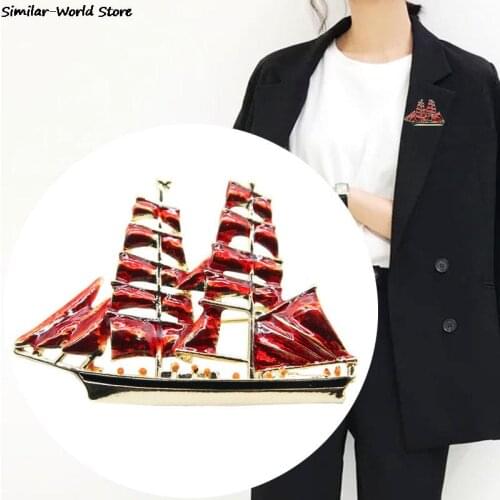 Red Gold Color Sailboat Brooches Women Vintage Alloy Enamel Boat Brooch Pins Jewelry Gifts Collar Lapel Badge