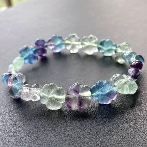 Natural Colorful Fluorite Crystal Flower Carved Clear Clover Beads Bracelet 12x12mm Crystal Fluorite Women Men AAAAA