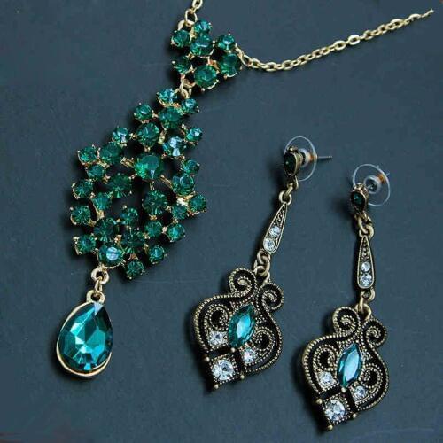 Women Belly Dance Bollywood Headpiece Earrings Gem Green Plated Jewelry Set Indian Dance Costume Accessories