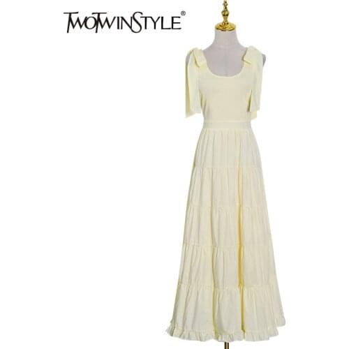 TWOTWINSTYLE Minimalist Solid Dress For Females Square Collar Sleeveless High Waist Self Tie Bowknot Summer Womens Dresses 2021