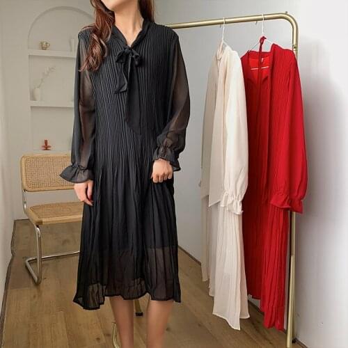 Fashion Spring Autumn Mew Loose Slim Women Solid Color Chiffon Dress Medium Length Pleated Long Sleeve Dresses Red Black