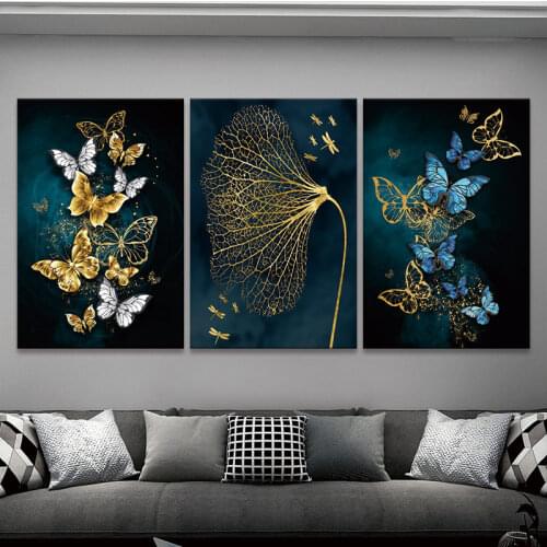 Golden Blue Butterfly Minimalist Poster Printing Canvas Art Mural Living Room Background Wall Home Decoration Painting Mural