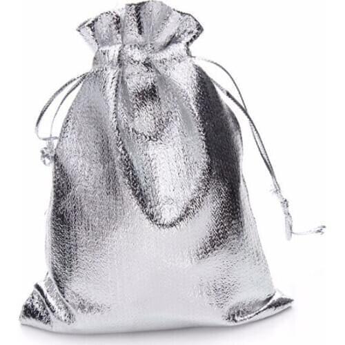 100pcs Silver Metallic Foil Cloth Organza Drawable Pouches Wedding Decoration Gifts Craft Candy Packaging Bags