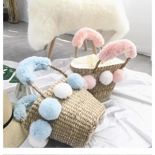 2021 Bohemian Beach Bag Women Handmade Rabbit hair Straw Bags Summer Grass Handbags Drawstring Basket Totes Bag Travel Tote