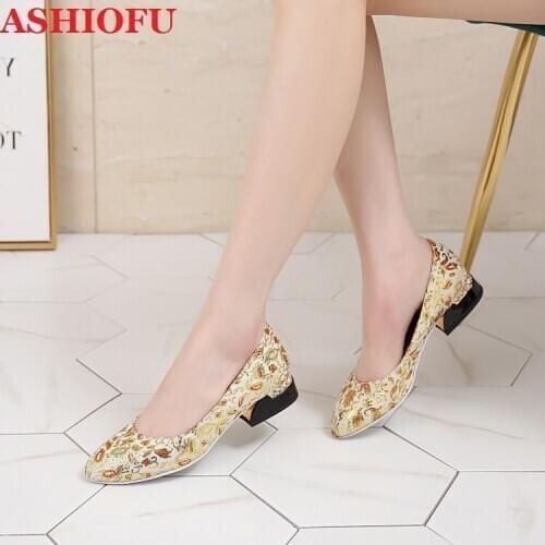ASHIOFU New Handmade Thick Heel Ladies Pumps Stretch Leather Party Prom Slip-on Shoes Evening Daily Wear Fashion Loafers Shoes