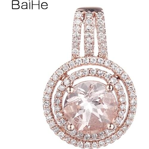 BAIHE Solid 10K Rose Gold 1.3ct Round Morganite Natural Diamonds Classic Wedding Women Fine Jewelry Elegant Morganite Pendant