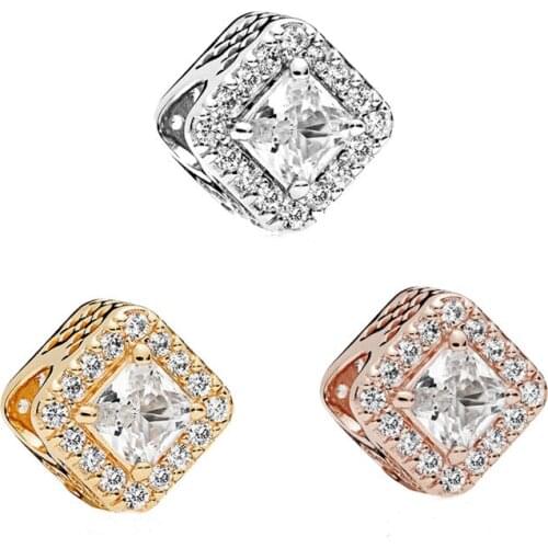 Free Shipping Authentic 925 Sterling Silver Square Sparkle Halo Charm Fit Original Pandora Bracelet For Women DIY Jewelry Bead
