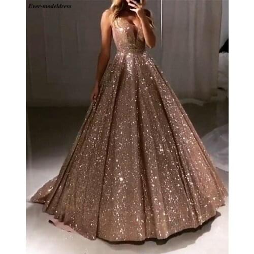 Shiny Luxury Prom Dresses 2021 Long Deep V-Neck Backless Sparkle Tulle A-Line Sexy Evening Party Gowns Robe De Soiree Customized