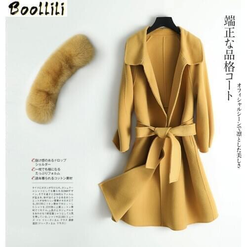 Boollili Winter Coat Women Real Fox Fur Collar 100% Wool Coat Female Jacket Double Side Woolen Coats Korean Windbreaker