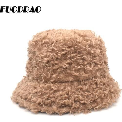 FUODRAO Autumn Winter Faux Fur Bucket Hats Women Thick Warm Plush Fisherman Cap For Girl Outdoor Travel Basin Hat M143