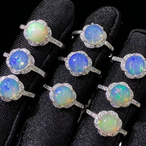 DJ CH Crystal Rings Round Cut 7MM Natural Opal 925 Sterling Silver Adjustable Bohemian Flower Rings for Fashion Girls Ladies