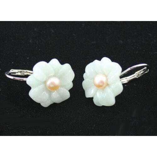 Fashion Natural Light Green jade Flower Genuine Pink Pearl Leverback Hook Earrings