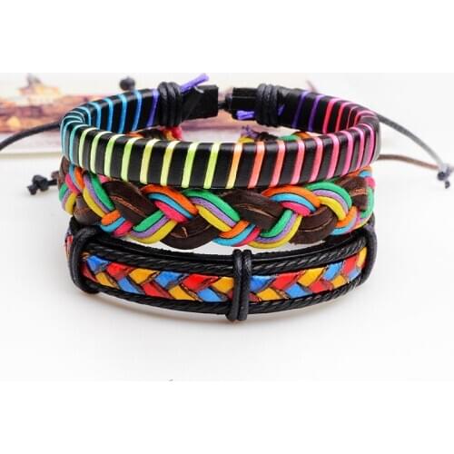 4pcs/set Punk Genuine Leather Alloy PU Hemp Rope Handmade Adjustable Braided unique Men Jewelry Women Bracelets