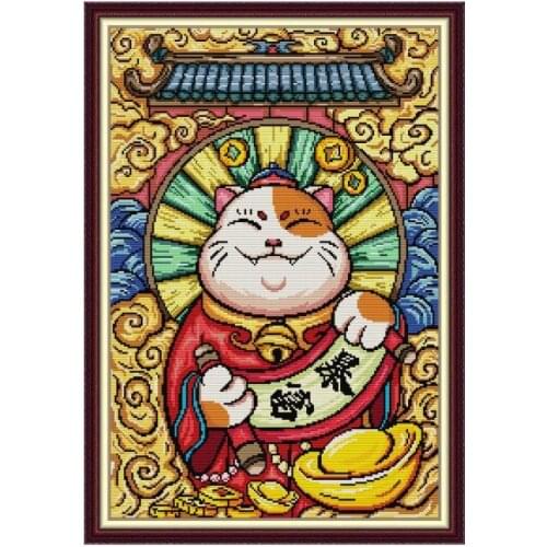 Stamped Get Rich Cat Embroidery Needlework Cross Stitch Kit Patterns 11CT 14CT Printed Counted DMC Thread Fabric Home Decor Sets