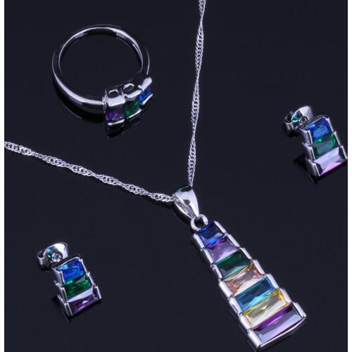 Trapezoid Multigem Multicolor Cubic Zirconia Silver Plated Jewelry Sets Earrings Pendant Chain Ring V0965