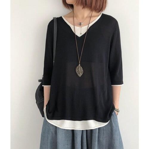 False Two Pieces Knitted Women T-shirts Summer Solid Loose Casual All Match Female Outwear Pulls Tops Oversized